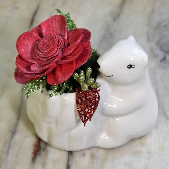 Small ceramic polar bear planter w/Sola sparkling red flower & festive fillers - Picture 1 of 6